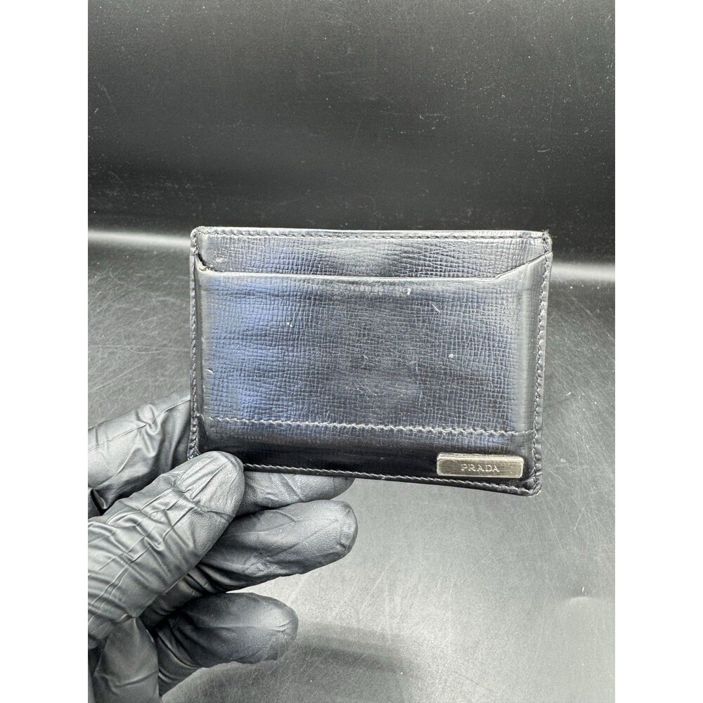 Prada Milano Chrome Plaque Leather Mens Black Card Holder Wallet Authentic